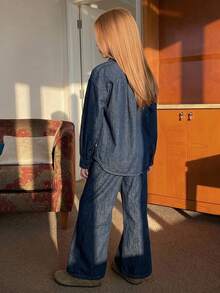 DAZY Tween Girl Loose Casual Long Sleeve Shirt Top + Straight Leg Loose Denim Pants Set Fall - Dark Wash - View 2