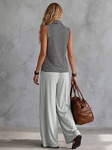 Glimmora American Style Relaxed Striped Collared Sleeveless Tank Top + Drawstring Wide Leg Pants Set, Casual Commute Lazy Relaxed Style Tank Top And Pants 2 Pieces Set - Black and White - View 3
