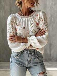 Trelyra Women's Early Autumn French Vacation Pastoral Style Digital Print Ruffle Puff Long Sleeve Round Neck Casual Loose Blouse Top - White - View 5