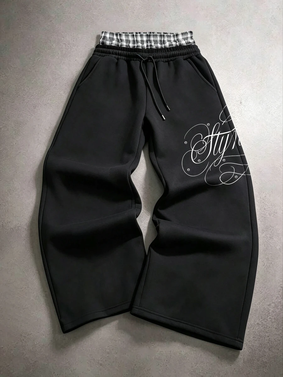STYNVO Men's Letter Print Plaid Patchwork Sweatpants - Black - View 1