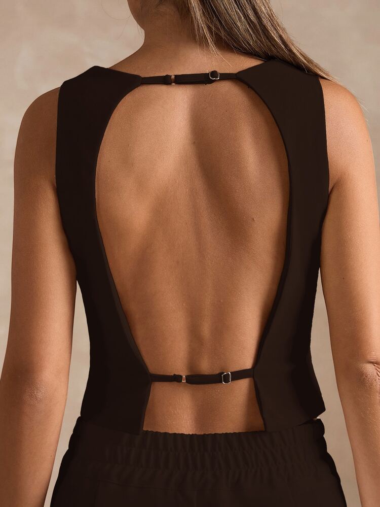 SHEIN BAE Women's Fashion Sexy Solid Color Backless Vest - Coffee Brown - View 1