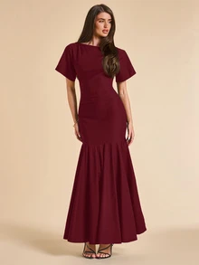 SHEIN BAE 女款純色蝙蝠袖短袖魚尾下擺優雅洋裝 - 酒紅色 - 查看 3