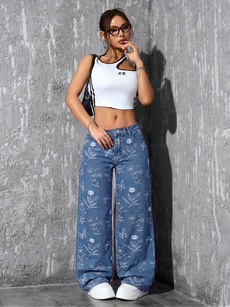 SHEIN PETITE Women's Floral Pattern Pocket Wide Leg Loose Casual Denim Jeans - Blue - View 4