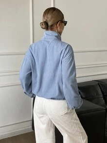 Livesso Women's Casual Half-Button Denim Jacket, Autumn - Blue - View 2