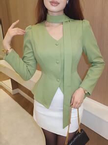 Modelyn Kemeja Hijau Kancing Depan Leher V Musim Semi/Gugur, Atasan Kerja Hijau Sage Musim Gugur/Dingin, Blus Elegan Modern Wanita, Atasan Berkelas, Atasan Kerja Hijau Sage - Hijau - View 7