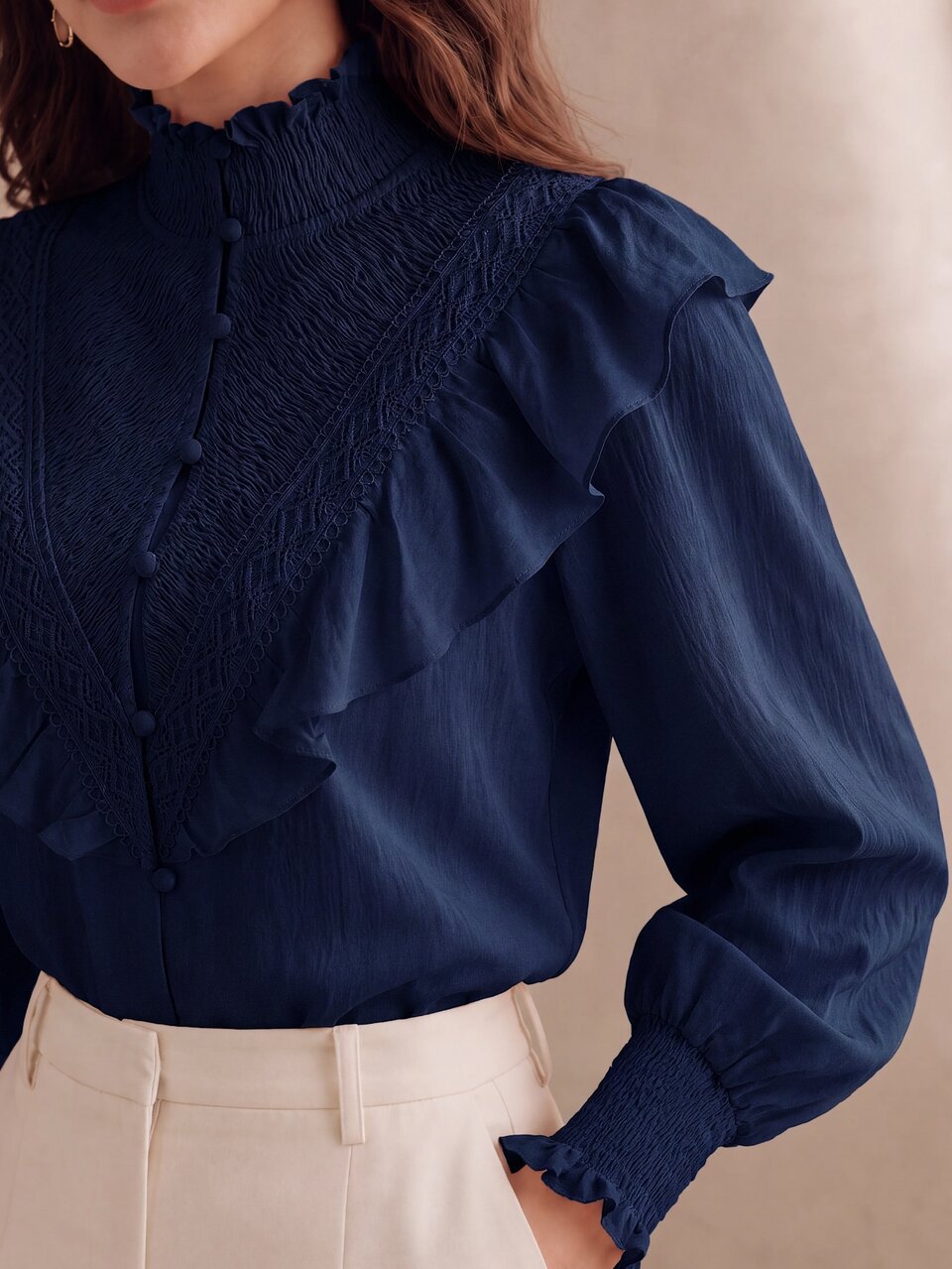Women's New Pink Stand Collar Ruffle Patchwork Lace French Romantic Ruffle Long Sleeve Blouse