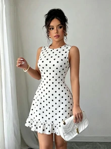 Selianne Women's New Fashion Faux Lace Knit Round Neck Sleeveless Ruffle Hem Elegant Daily Dating Commute Dress - Black and White - View 5