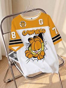 GARFIELD | SHEIN تي شيرت صيفي كاجوال بمقاسات كبيرة مع طباعة كرتونية وتصميم كتل لونية وقطع متداخلة - أبيض - مشاهدة 6