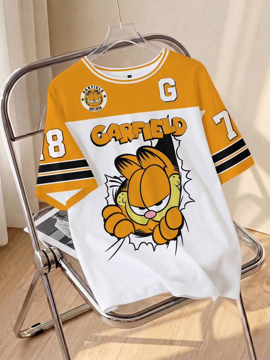 GARFIELD | SHEIN Plus Size Summer Casual Colorblock Patchwork Cartoon Print T-Shirt - White - View 1
