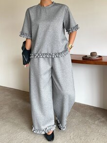 Dazy Plus Patchwork Ruffle Cuff & Hem Design Casual Cropped Wide Leg Pants 2 Pieces Set For Girls Fall - Grey - View 5