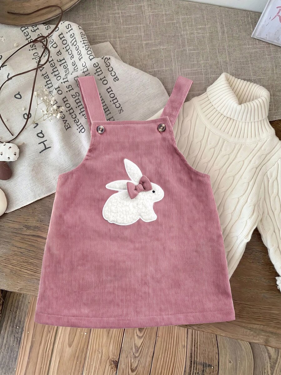 SHEIN Babygirl Cute Pink Rabbit Pattern Corduroy Dress - Pink - View 1