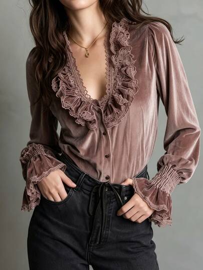 LUMIGAL Elegant Velvet Fabric High-End Texture, Lace Trim Blouse