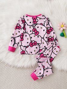 HELLO KITTY AND FRIENDS | SHEIN طقم ملابس منزلية يومية للبنات الصغيرات بطبعة كرتونية لطيفة على كامل التصميم - وردي - مشاهدة 2