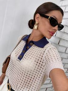 Franclia White Hollow Knit Plus Size Short Sleeve Sweater Dates Teacher Summer Normal 90s Teacher Vacation Curve 80s - Apricot - View 7