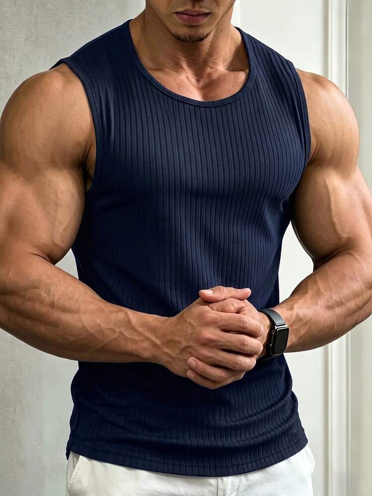 Coreblaze Men's Vertical Striped Knit Tank Top, Summer Elastic Slim Fit Sleeveless T-Shirt, Fitness Sports Base Layer - Navy Blue - View 4