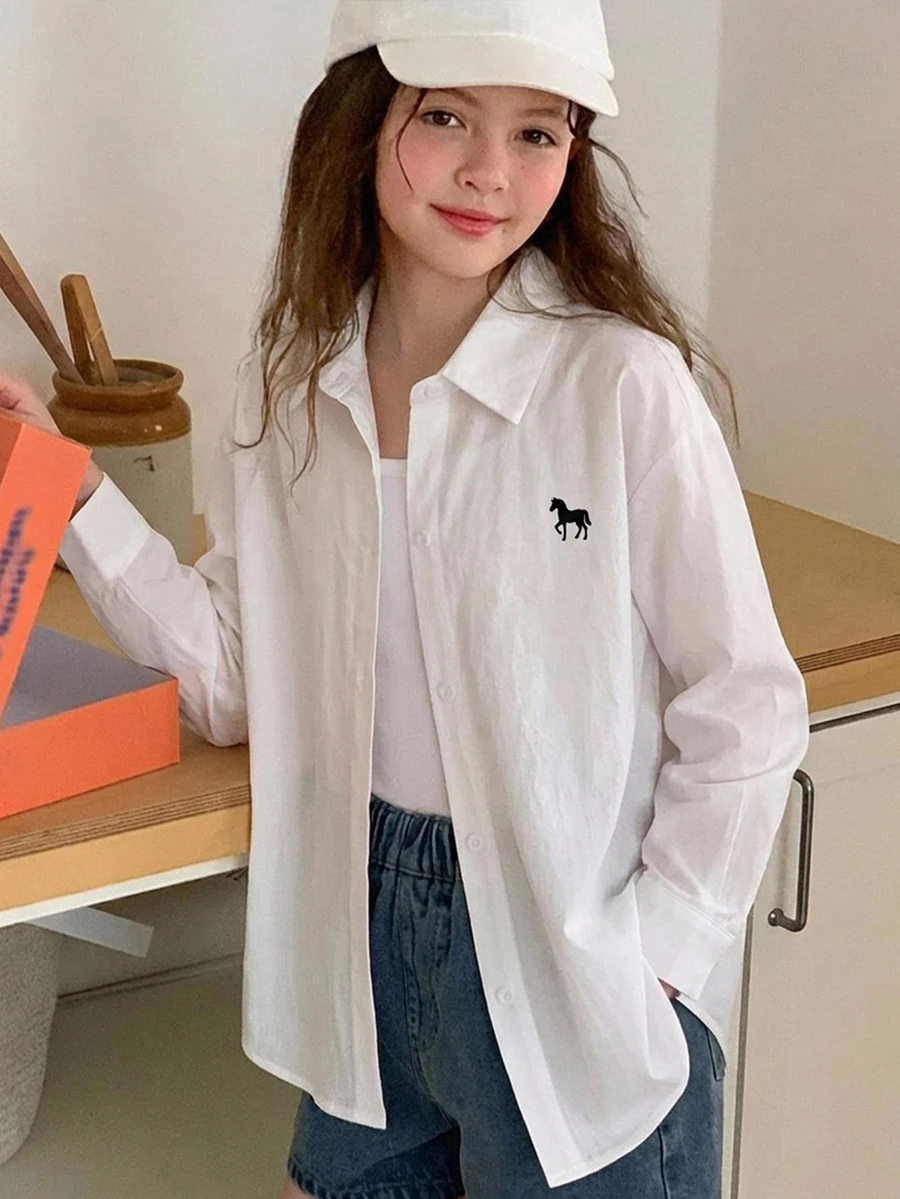 Hapijoa Tween女孩翻領短袖襯衫,夏季款 - 白色 - 查看 1