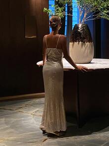 Livesso Women's Fashion Party Club Sequin Mermaid Dress Beige Summer Sexy - Apricot - View 2