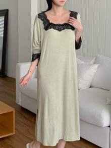 DAZY Women's Comfortable Versatile Lace Patchwork Long Sleeve Nightgown - Khaki - View 6