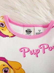 SHEIN | PAW Patrol 聯名 IP 主題幼女幼童全印花對比領設計修身高彈力面料長袖長褲兩件式居家服套裝 - 粉色 - 查看 4
