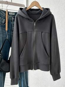INAWLY Double Zip Hooded Crop Sweatshirt, Long Sleeve Pocket Casual Fitted Zip Up Jacket - Grey - View 4