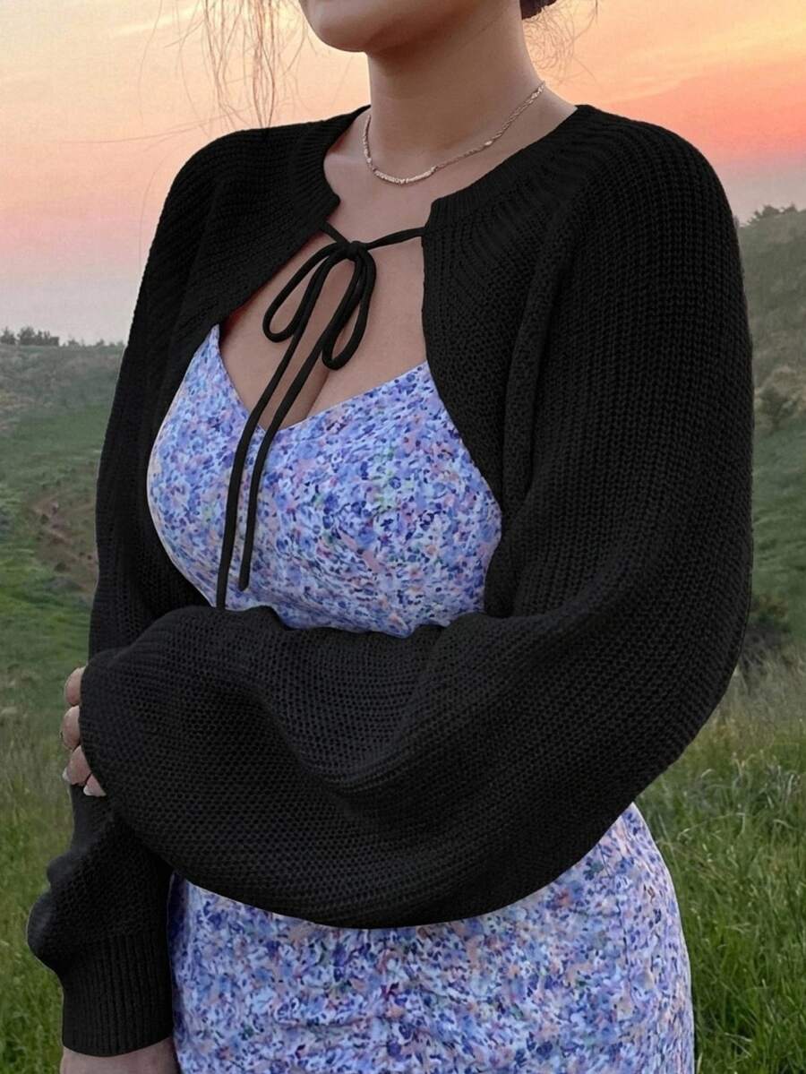 Dazy Plus Solid Color Casual Tie-Front Cropped Fuzzy Knit Cover Up - Black - View 1