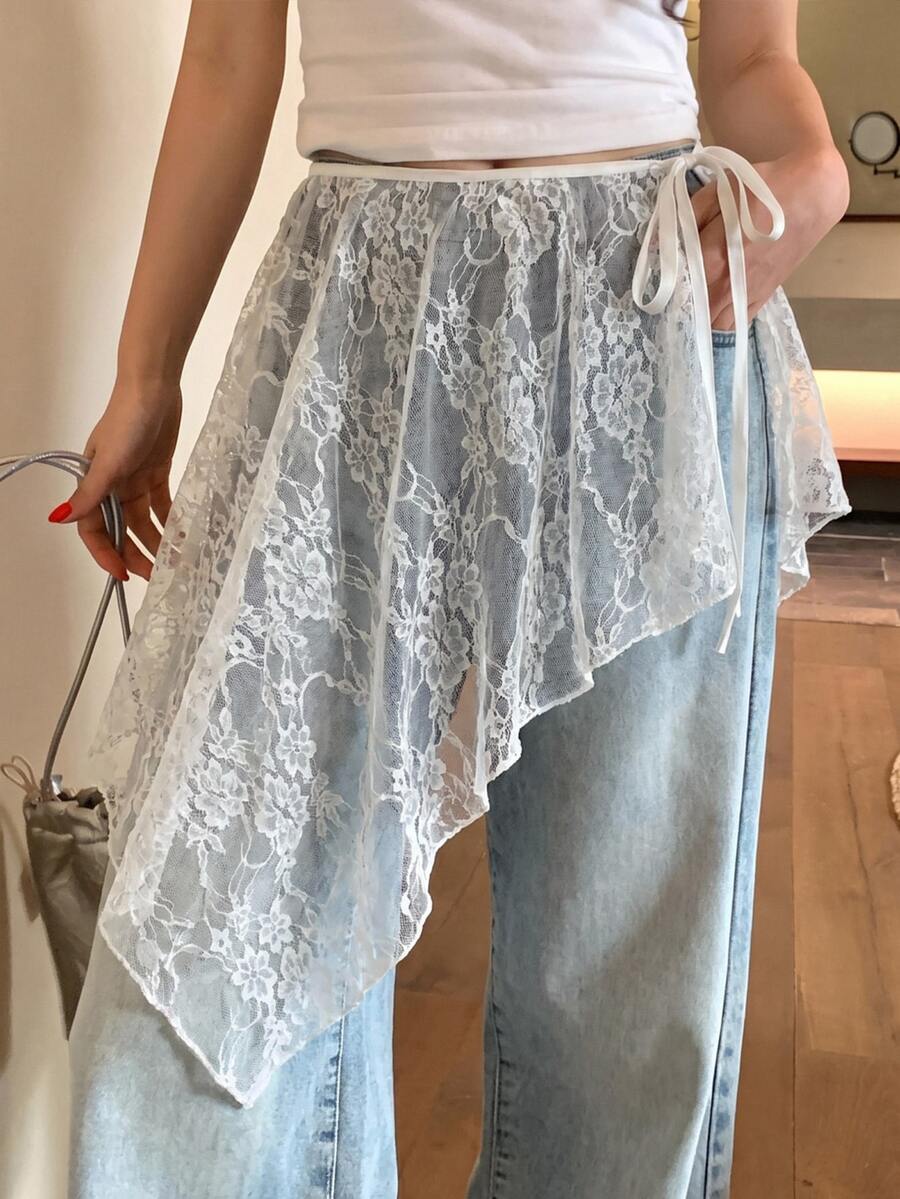 Dazy Plus Plus Size White Sheer Lace Asymmetrical Hem Layered Skirt - White - View 1