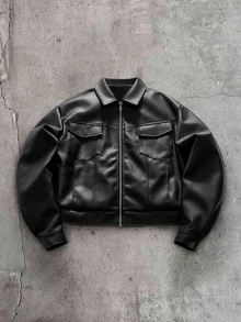 AXEPEAK Men's Solid Color PU Leather Jacket With Lapel Collar And Long Sleeves - Black - View 1