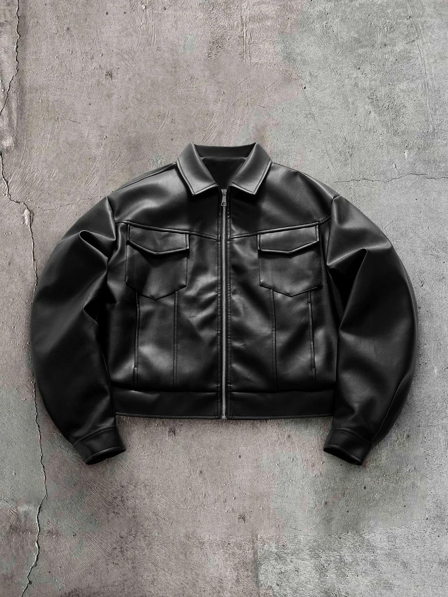 AXEPEAK Men's Solid Color PU Leather Jacket With Lapel Collar And Long Sleeves - Black - View 1