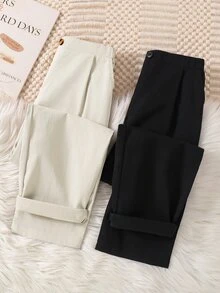 Kids 2pcs Tween Boy Casual Solid Color Mid-Waist Tapered Pants, Perfect For Winter Graduation And Back-To-School Season Photo Shoots - Multicolor - View 3