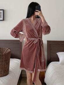 DAZY Women's Elegant Lace Trim Robe With Belt Fall - Dusty Pink - View 8