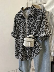 Selamara 女款豹紋短袖單排扣休閒襯衫 - 彩色 - 查看 1
