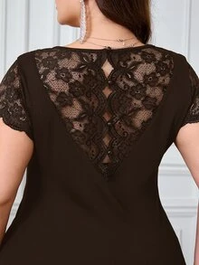 SHEIN Clasi 女款大尺碼法式蕾絲拼接時尚T恤 - 咖啡棕 - 查看 3