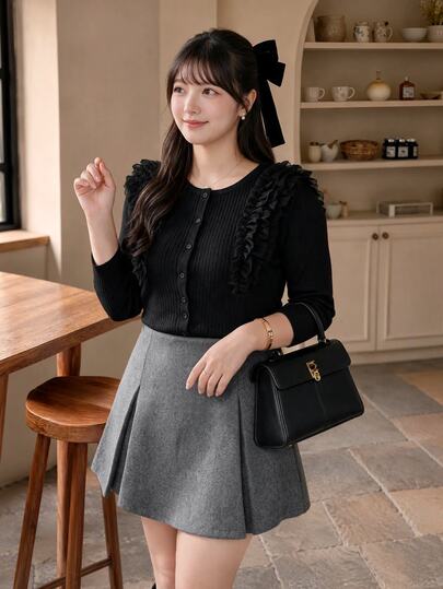 Bijouette Autumn Plus Size Frill Trim Patchwork Knit Top, Round Neck Single-Breasted Slim Fit Flattering Long Sleeve Base Layer Fall