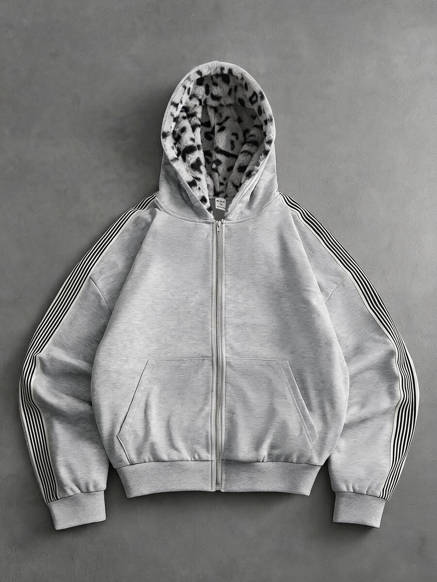 SHEIN Teen Boys Colorblock Plush Hooded Sweatshirt - Grey - View 1