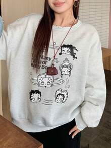 Betty Boop x DAZY Curve Cartoon Print Crew Neck Thermal Lined Thick Casual Loose Long Sleeve Sweatshirt For Spring Autumn Winter - Light Grey - View 3