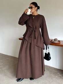 Dazy Plus Solid Color Round Neck Long Sleeve Asymmetric Tie Top & Long Loose Brown Skirt 2pcs Set, Spring/Autumn Lounge Sets For Women - Rust Brown - View 4