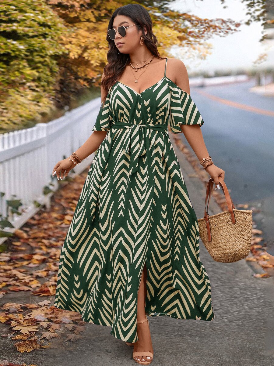 SHEIN VCAY Plus Size Vacation Cold Shoulder Short Sleeve Spaghetti Strap Dress - Dark Green - View 1