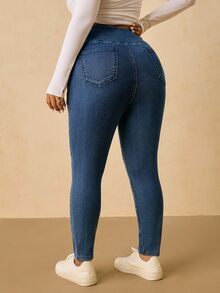 SHEIN Tall CURVE 大尺碼休閒水洗重疊腰頭修身牛仔褲 - 藍色 - 查看 2