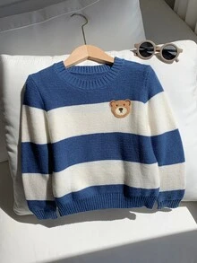 SHEIN Young Boys Cartoon Bear Kids Striped Pattern Crew Neck Long Sleeve Pullover Autumn Sweater - Multicolor - View 7