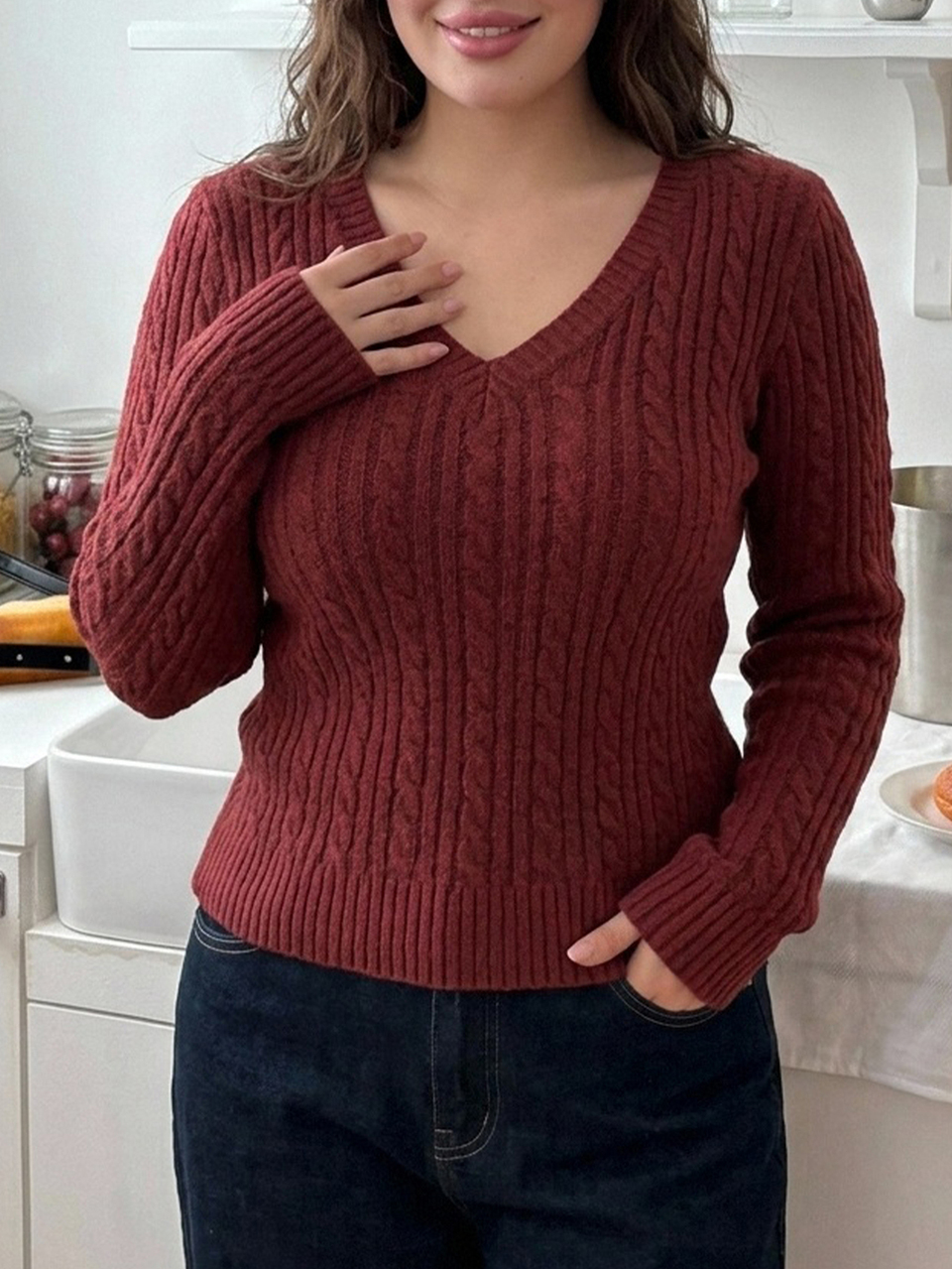 Dazy Plus V-Neck Solid Color Korean Style Long Sleeve New Year Red Elegant Versatile Autumn/Winter New Sweater