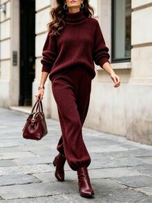 Balvessa Autumn/Winter New High Neck Sweater Slouchy Loose Fit Versatile Turn-Down Collar Knit Set Loose Lantern Pants 2 Pieces Set - Burgundy - View 3