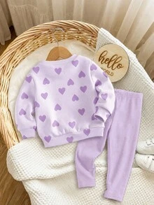 Lila, süßer Herz-Buchstaben Mama'girl❤, Baby Mädchen lässig bequem weich dick warm Rundhals Langarm Sweatshirt & Leggings, geeignet für Herbst/Winter Alltag, gemütliche Saison, stilvolles Baby Mädchen - Verschiedenfarbig - Übersicht 2