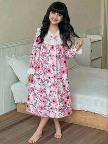 SHEIN LMoss Kids 少女寬鬆休閒蕾絲拼接碎花居家服 - 粉色 - 查看 7
