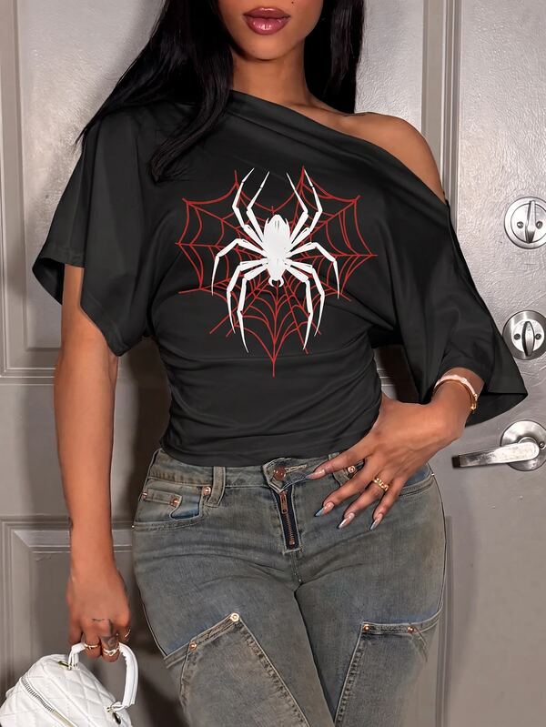 Slaydiva New Summer/Fall Women's Off-Shoulder Loose Fit Waist Pleated T-Shirt Top/Y2k/Holiday/Streetwear/Going Out/Back To School/Halloween/Spider Pattern