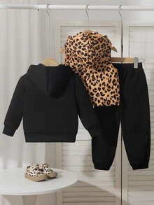 SHEIN Playful Pals 女童秋冬新款時尚休閒三件套：連帽背心 + 休閒運動圓領衛衣 + 成套運動長褲 - 黑色 - 查看 2