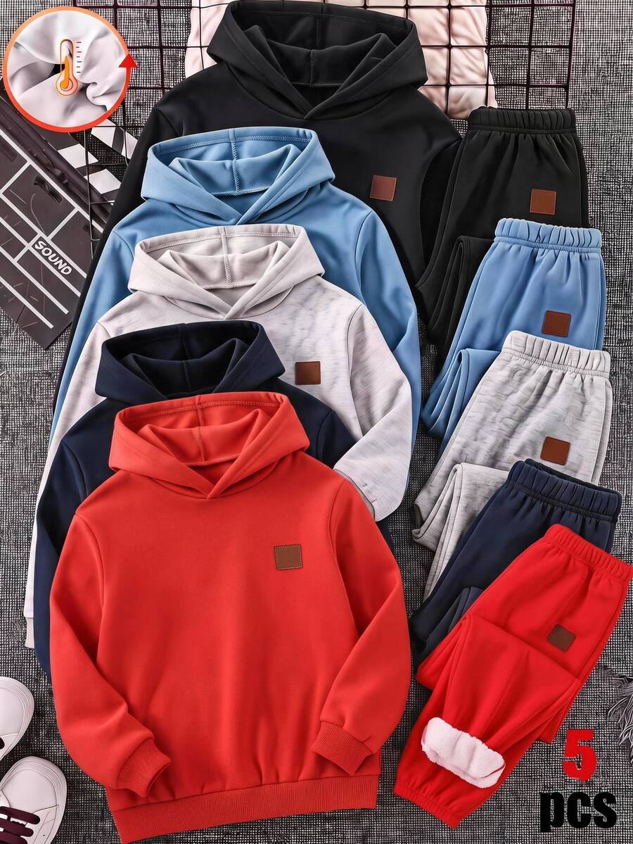 SHEIN 買1送2 童裝大童男孩休閒保暖內裡加厚運動長褲,麻灰色、豆綠色、黑色,基礎下裝,男孩套裝,適合秋冬、學校、派對,秋季穿搭,冬季穿搭 - 彩色 - 查看 1