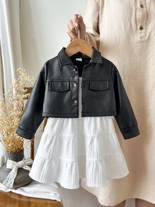 SHEIN Vintaside Kids 女嬰春秋短款黑色PU皮革夾克與白色提花肩帶洋裝2件套，優雅時尚，適合室內/戶外拍照及其他場合 - 黑與白 - 查看 3