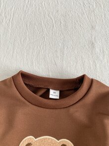 SHEIN Playful Pals 女童獨特鉤編愛心拼接套頭洋裝，粉色網紗下擺，甜美可愛時尚秋季愛心造型洋裝 - 棕色 - 查看 4