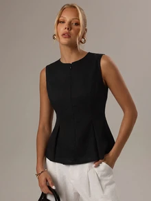 Avantive Tank Top Wanita Kasual Musim Panas Warna Polos dengan Desain Mengencangkan Pinggang - Hitam - View 5