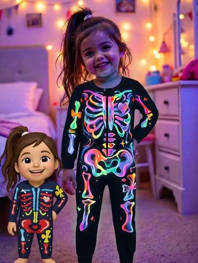 Baby Girl Long Sleeve Long Pants Snug Fit Jumpsuit, Cartoon Cute Christmas Elements, Casual Comfortable Soft Loungewear, All Seasons